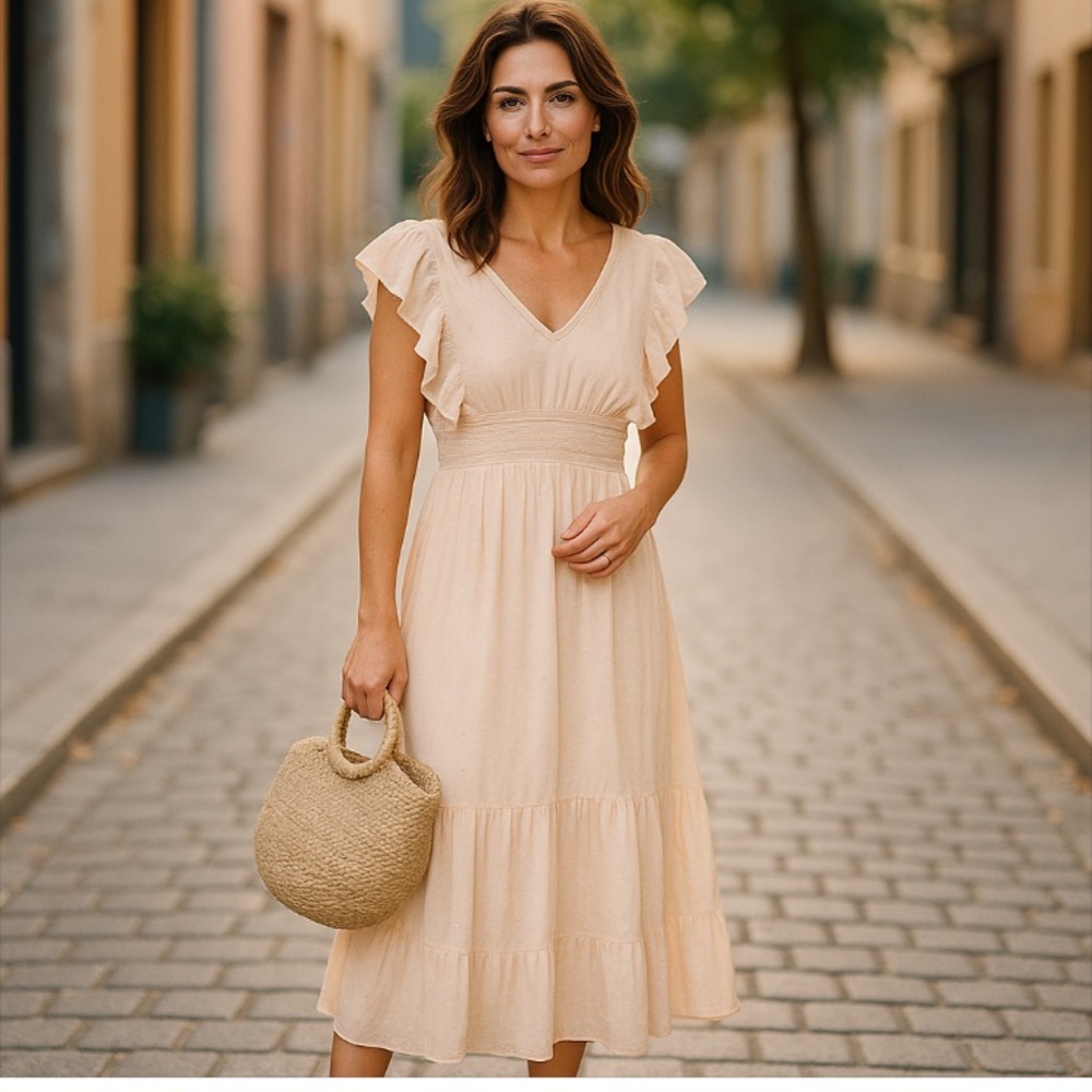 Women’s Romantic Peach Crinkle Donny Lace Maxi Dress Size 6